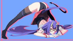 Rule 34 | 1girl, :d, black leotard, blue background, blue hair, boots, commentary request, commission, cross-laced footwear, demon girl, demon horns, demon tail, glasses, gloves, hands on ground, henken, high heel boots, high heels, highres, horns, jack-o&#039; challenge, leotard, leotard under clothes, long hair, looking at viewer, onigiri (vtuber) (1st costume), onigiri (vtuber), open mouth, original, pink background, skeb commission, skirt, smile, solo, tail, thigh boots, thighhighs, top-down bottom-up, two-tone background, very long hair, virtual youtuber, yellow eyes
