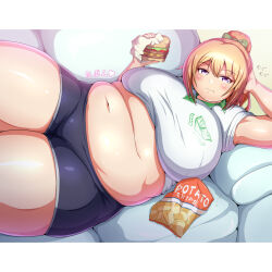 Rule 34 | 1girl, belly, blonde hair, breasts, burger, chips (food), eating, fat, food, hair ornament, highres, large breasts, looking at viewer, lying, mahira (pixiv174324), on back, original, ponytail, potato chips, purple eyes, short shorts, shorts, solo, thick thighs, thighs