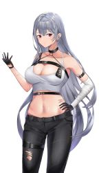 Rule 34 | 1girl, arm strap, azur lane, bad id, bad pixiv id, bandaged arm, bandages, black choker, black gloves, black pants, breasts, choker, cleavage, closed mouth, commentary, cowboy shot, crop top, expressionless, eyelashes, gloves, hair between eyes, hand on own hip, highres, large breasts, long hair, looking at viewer, midriff, mole, mole under eye, navel, o-ring, pants, purple eyes, shichi (ratorin53), silver hair, simple background, solo, sovetskaya rossiya (azur lane), sovetskaya rossiya (the lackadaisical lookout) (azur lane), straight hair, tank top, torn clothes, torn pants, white background, white tank top