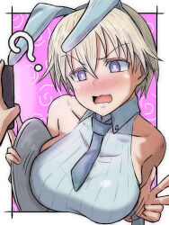 1girl bare_shoulders blonde_hair blue_eyes blush bouncing_breasts brave_witches breasts cellphone embarrassed highres holding holding_plate iphone large_breasts necktie nikka_edvardine_katajainen open_mouth phone plate short_hair smartphone tama_kitsune wavy_mouth world_witches_series