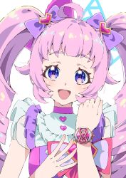 Rule 34 | 1girl, :d, ahoge, aozora himari, blunt bangs, bow, commentary request, drill hair, hair bow, hands up, heart, highres, himitsu no aipri, idol clothes, long hair, looking at viewer, open mouth, pink hair, pretty series, purple bow, purple eyes, simple background, smile, solo, tsujii luki, twintails, upper body, watch, white background, wristwatch