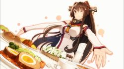 Rule 34 | 10s, 1girl, ;), bare shoulders, bread, breasts, brown eyes, brown hair, cherry blossoms, eyecatch, female focus, flower, food, hair flower, hair intakes, hair ornament, headgear, kantai collection, large breasts, long hair, long sleeves, napkin, non-web source, omelet, omurice, one eye closed, outstretched arms, plate, ponytail, salt shaker, screencap, shizuma yoshinori, sleeves past wrists, smile, solo, sparkle, table, very long hair, yamato (kancolle)