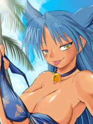 Rule 34 | 1girl, :p, bad id, bad pixiv id, bare shoulders, beach, bell, blue hair, blush, breasts, choker, day, female focus, jingle bell, kojou, large breasts, long hair, rance (series), sengoku rance, solo, strapless, suzume (rance), tongue, tongue out, undressing, yellow eyes