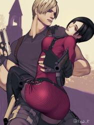 Rule 34 | 1boy, 1girl, 5tatsu, absurdres, ada wong, ass, belt, black footwear, black gloves, black hair, blonde hair, blue shirt, boots, breasts, chest harness, closed mouth, commentary request, dress, fingerless gloves, gloves, gun, harness, highres, holding, holding gun, holding weapon, hug, knee up, leon s. kennedy, lips, long sleeves, medium breasts, pantyhose, pointing, pointing at viewer, red sweater, resident evil, resident evil 4, resident evil 4 (remake), ribbed sweater, shirt, short hair, short sleeves, sweater, sweater dress, swept bangs, thigh belt, thigh boots, thigh strap, twitter username, weapon