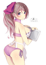Rule 34 | 10s, 1girl, alternate costume, apron, ass, bikini, breasts, brown hair, dated, female focus, hair ornament, hair ribbon, hairclip, highres, kantai collection, kappougi, large breasts, long hair, looking at viewer, mamiya (kancolle), nearly naked apron, ponytail, purple bikini, ribbon, side-tie bikini bottom, simple background, smile, solo, swimsuit, tebi (tbd11), tray, white background