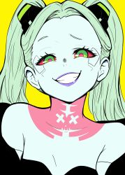 1girl absurdres bare_shoulders commentary cyberpunk_(series) cyberpunk_edgerunners english_commentary forehead green_hair highres lips looking_at_viewer lughost rebecca_(cyberpunk) smile solo teeth twintails