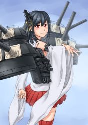 Rule 34 | 10s, 1girl, bad id, bad pixiv id, bare shoulders, black hair, blush, detached sleeves, hair ornament, highres, japanese clothes, kantai collection, miko, personification, red eyes, short hair, skirt, smile, solo, usfdive, yamashiro (kancolle)