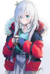 Rule 34 | anastasia (fate), anastasia (shvibzik snow) (fate), aqua eyes, aqua nails, aqua sweater, blush, closed mouth, coat, commentary request, cup, disposable cup, fate/grand order, fate (series), fur-trimmed coat, fur trim, gradient background, green hairband, grey skirt, hair over one eye, hairband, highres, holding, holding cup, long hair, long sleeves, looking at viewer, nail polish, open clothes, open coat, pleated skirt, red coat, silver hair, simple background, skirt, sleeves past wrists, smile, solo, sweater, tsukise miwa, white background, wing collar