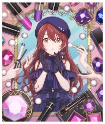 Rule 34 | 1girl, black gloves, blush, brown hair, chiri (chiri ap), commentary, dress, earrings, gloves, hair straightener, hairdressing, hat, idolmaster, idolmaster shiny colors, jewelry, lipstick, long hair, makeup, makeup brush, mirror, off shoulder, open mouth, osaki tenka, parted lips, purple dress, purple hat, reflection, see-through, solo, solo focus, upper body, yellow eyes