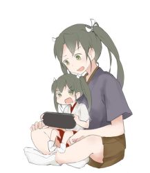 Rule 34 | 10s, 2girls, chocotto715, commentary request, full body, green eyes, green hair, hair ribbon, handheld game console, indian style, japanese clothes, kantai collection, multiple girls, open mouth, ribbon, sitting, sitting on lap, sitting on person, twintails, aged down, zuikaku (kancolle)
