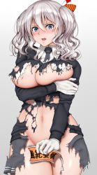 Rule 34 | 1girl, unworn armband, black jacket, black necktie, blue eyes, blush, breast hold, breasts, breasts out, covering privates, covering crotch, cowboy shot, gloves, grey skirt, hamaguri (hamaguri1234), highres, holding, jacket, kantai collection, kashima (kancolle), large breasts, long hair, long sleeves, looking at viewer, miniskirt, navel, necktie, no bra, no headwear, no panties, nose blush, open mouth, shirt, silver hair, skirt, solo, stomach, tears, torn clothes, torn jacket, torn necktie, torn shirt, torn skirt, translation request, twintails, wavy hair, white gloves, white shirt