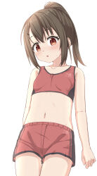 Rule 34 | 1girl, :o, bare arms, bare shoulders, blush, breasts, brown eyes, brown hair, collarbone, commentary request, cowboy shot, grey background, hair between eyes, hair ornament, hairclip, highres, looking at viewer, navel, original, parted lips, ponytail, red shorts, red tank top, short shorts, shorts, simple background, small breasts, solo, sweat, takasuma hiro, tank top