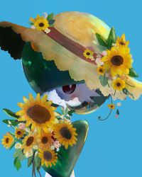 Rule 34 | 1girl, blue background, blush, bob cut, bouquet, bright pupils, closed mouth, clothed pokemon, colored skin, creatures (company), earrings, female focus, flower, game freak, gardevoir, gen 3 pokemon, green hair, green skin, hair over one eye, hand up, happy, hat, hat flower, highres, holding, holding bouquet, jewelry, jpeg artifacts, looking to the side, multicolored skin, nintendo, one eye covered, pink flower, pokemon, pokemon (creature), red eyes, short hair, sideways mouth, simple background, smile, solo, straw hat, sun hat, sunflower, two-tone skin, upper body, white flower, white pupils, white skin, yellow flower, yellow hat, yurame