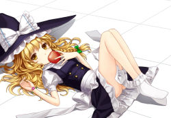 Rule 34 | 1girl, apple, blonde hair, bow, bracelet, braid, female focus, food, frills, fruit, hat, holding, holding food, holding fruit, jewelry, kirisame marisa, legs up, long hair, lying, on back, socks, solo, touhou, tucana, white socks, witch, witch hat, yellow eyes