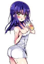 Rule 34 | 1girl, ass, blue hair, blush, breasts, cleavage, drink, highres, jashin-chan dropkick, kyon-kyon (jashin-chan dropkick), long hair, looking at viewer, medium breasts, naked towel, official art, open mouth, simple background, smile, solo, towel, white background, yellow eyes, yukiwo