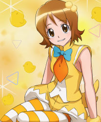 Rule 34 | 10s, 1girl, armpits, brown eyes, brown hair, happinesscharge precure!, haruyama kazunori, looking at viewer, oomori yuuko, precure, short hair, smile, solo, striped clothes, striped thighhighs, thighhighs, yellow background