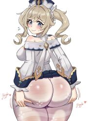 Rule 34 | 1girl, ass, ass focus, ass grab, barbara (genshin impact), bare shoulders, blonde hair, blue eyes, blush, breasts, deep skin, embarrassed, from behind, genshin impact, hair ornament, hat, highres, huge ass, large breasts, long hair, looking at viewer, looking back, pantyhose, sideboob, smile, solo, thick thighs, thighs, twintails, ytrall