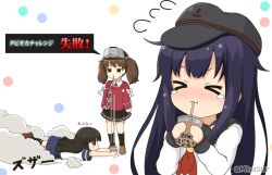Rule 34 | &gt; &lt;, 3girls, :t, akatsuki (kancolle), black headwear, black sailor collar, black skirt, black socks, blue skirt, blush, brown eyes, brown footwear, brown hair, bubble tea, bubble tea challenge, closed eyes, closed mouth, collared shirt, commentary request, cup, disposable cup, drinking, drinking straw, flat cap, flying sweatdrops, hat, hatsuyuki (kancolle), jacket, kantai collection, kneehighs, loafers, long hair, long sleeves, mitya, mouth hold, multiple girls, neckerchief, nose blush, pleated skirt, profile, purple hair, red jacket, red neckerchief, remodel (kantai collection), ryuujou (kancolle), sailor collar, shirt, shoes, skirt, sleeves past wrists, smoke, socks, tears, translation request, twintails, very long hair, white background, white shirt