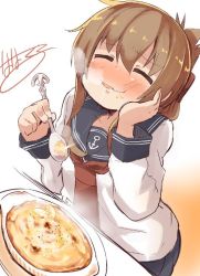Rule 34 | 10s, 1girl, brown hair, eating, closed eyes, folded ponytail, food, foodgasm, hand on own face, inazuma (kancolle), kantai collection, nanateru, saliva, solo, spoon, tongue