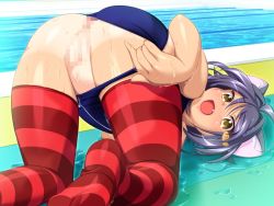 Rule 34 | ass, bent over, cat, censored, huge ass, one-piece swimsuit, open mouth, school swimsuit, striped legwear, swimsuit, thick thighs, thighhighs, thighs
