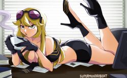 Rule 34 | 1girl, artist name, black gloves, black shorts, blonde hair, book, breasts, brown eyes, commentary, cup, digimon, digimon story: cyber sleuth, english commentary, eyewear on head, gloves, high heels, highres, kuremi kyouko, large breasts, long hair, lying, office, on stomach, open mouth, paper, scarf, shorts, solo, sunglasses, supermondobeat, table, topless