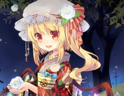 Rule 34 | 1girl, :d, blonde hair, bow, commentary request, cross, fang, flandre scarlet, flower, hat, hat bow, hat flower, holding, holding flower, japanese clothes, kimono, looking at viewer, mob cap, night, obi, open mouth, red eyes, sash, sen1986, side ponytail, sidelocks, smile, solo, touhou, upper body, wings