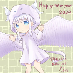 Rule 34 | 1girl, absurdres, alternate costume, animal hood, artist name, bare legs, blue eyes, blush, breasts, chibi, closed mouth, cosplay, dragon girl, dragon horns, dress, english text, expressionless, feathered wings, flat chest, gradient wings, highres, hood, hoodie, horns, kanna kamui, kanna kamui (cosplay), kobayashi-san chi no maidragon, leaning to the side, long hair, long sleeves, looking at viewer, multicolored wings, outstretched arms, parted lips, paw pose, plaid, plaid background, purple hair, sengoku kamuri, sidelocks, signature, slow start, small breasts, solo, standing, tail, w, white dress, white hoodie, white wings, wings, yamabuki (yamabuki24tm)