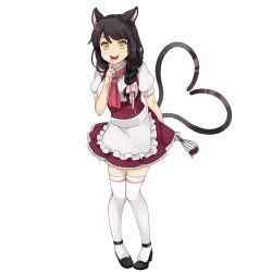 Rule 34 | 1girl, animal ears, braid, cat ears, cat tail, dress, finger to mouth, heart, heart tail, high heels, highres, holding, long hair, low-tied long hair, multiple tails, nekomata (youkai hyakki-tan!), official art, open mouth, pigeon-toed, short sleeves, simple background, solo, tail, thighhighs, underbust, white background, white thighhighs, yellow eyes, youkai hyakki-tan!