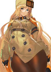 Rule 34 | 1girl, absurdres, ashiomi masato, bad id, bad pixiv id, black gloves, blonde hair, blue eyes, breasts, brown pantyhose, buttons, commentary request, fingerless gloves, fur hat, gloves, guilty gear, guilty gear strive, hat, highres, large breasts, long hair, long sleeves, looking at viewer, millia rage, pantyhose, smile, solo, thighs, ushanka, very long hair