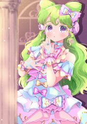Rule 34 | 1girl, :o, bare shoulders, blush, bow, bow-shaped hair, chii (chi pppuri), colored eyelashes, column, commentary request, cowboy shot, dress, falulu, frilled dress, frills, green hair, hand up, headphones, highres, long hair, looking at viewer, open mouth, pillar, pink bow, pink dress, pretty series, pripara, purple eyes, sidelocks, signature, solo, standing, very long hair, window