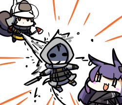 Rule 34 | 1other, 2girls, animal ears, arknights, axe, black gloves, black jacket, blush, brown hair, rabbit ears, chibi, commentary request, expressionless, fire helmet, firefighter jacket, firefighter, full body, gloves, helmet, holding, holding axe, holding weapon, hood, jacket, kagami kino, long hair, long sleeves, multiple girls, open mouth, purple hair, reunion soldier (arknights), rope (arknights), shaw (arknights), smile, squirrel girl, squirrel tail, sword, tail, water stream, weapon, white background