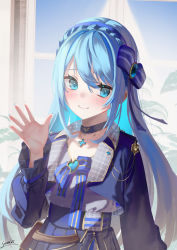 Rule 34 | 1girl, animal ears, blue bow, blue bowtie, blue choker, blue eyes, blue hair, blue hairband, blue jacket, blue ribbon, blue skirt, blush, bow, bowtie, braid, choker, closed mouth, commentary request, cropped jacket, crown braid, hair between eyes, hair ribbon, hairband, highres, jacket, original, ribbon, saraki, sideways glance, signature, skirt, smile, solo, upper body, waving