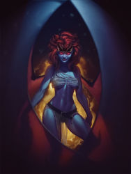 Rule 34 | 1girl, andrew hibner, blue skin, breasts, cleavage, colored skin, curly hair, dark background, demona (gargoyles), gargoyle, gargoyles, glowing, glowing eyes, highres, loincloth, looking at viewer, md5 mismatch, midriff, monster girl, navel, pelvic curtain, pointy ears, red hair, resolution mismatch, smile, solo, source larger, tiara, torn clothes, underboob, wings