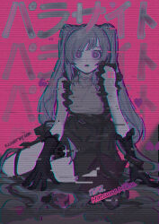 1girl absurdres blush character_name chromatic_aberration commentary dianice glitch gloves hatsune_miku heart highres long_hair looking_at_viewer open_mouth parasite_(vocaloid) pink_background shirt sitting sleeveless sleeveless_shirt solo twintails vocaloid wide-eyed