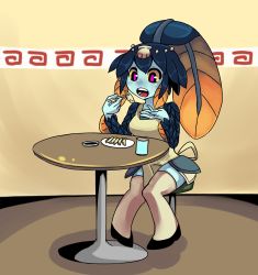 Rule 34 | 1girl, apron, blue skin, chopsticks, colored sclera, colored skin, eating, fish girl, food, highres, mary janes, minette (skullgirls), monster girl, pink eyes, shoes, sitting, skullgirls, solo, table, thighhighs, yellow sclera