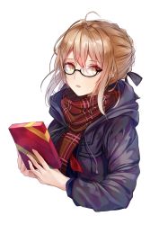 Rule 34 | 1girl, ahoge, artoria pendragon (fate), black-framed eyewear, black jacket, black ribbon, blonde hair, box, braid, commentary, cropped torso, drawstring, fate/grand order, fate (series), gift, gift box, glasses, hair between eyes, hair ribbon, holding, holding box, hood, hood down, hooded jacket, jacket, limit x, long hair, long sleeves, looking at viewer, mysterious heroine x alter (fate), mysterious heroine x alter (first ascension) (fate), open clothes, open jacket, parted lips, plaid, plaid scarf, red scarf, ribbon, scarf, semi-rimless eyewear, sidelocks, simple background, solo, valentine, white background, yellow eyes