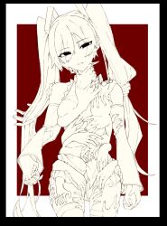 Rule 34 | 1girl, arm grab, bare shoulders, black border, border, breasts, commentary request, cowboy shot, detached sleeves, disembodied hand, eiku, empty eyes, grabbing another&#039;s hair, greyscale with colored background, hair ornament, half-closed eyes, hand in another&#039;s hair, hand on another&#039;s cheek, hand on another&#039;s chest, hand on another&#039;s face, hand on another&#039;s neck, hand on another&#039;s shoulder, hand on another&#039;s thigh, hatsune miku, highres, holding hands, interlocked fingers, long hair, looking at viewer, medium breasts, miniskirt, outside border, parted lips, pleated skirt, red background, shirt, signature, skirt, sleeveless, sleeveless shirt, solo, standing, thighhighs, twintails, unfinished, very long hair, vocaloid
