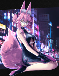 Rule 34 | 1girl, absurdres, animal ear fluff, animal ears, bare legs, bare shoulders, black gloves, breasts, china dress, chinese clothes, commentary request, cutout above navel, double bun, dress, fate/grand order, fate (series), fox ears, fox girl, fox tail, full body, glasses, gloves, gun, hair bun, hair ornament, hair ribbon, handgun, high heels, highres, holding, holding gun, holding weapon, koyanskaya (chinese lostbelt outfit) (fate), koyanskaya (fate), large breasts, long bangs, open mouth, outdoors, pistol, ribbon, sitting, sleeveless, slit pupils, solo, tail, tamamo (fate), teeth, underboob, upper teeth only, wariza, wataamis, weapon, yellow eyes