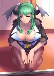 Rule 34 | 1girl, absurdres, bat wings, belted, belted dress, breasts, capcom, clasped dress, cleavage, cosine, demon girl, dress, formal, green hair, head wings, highres, huge breasts, long hair, miniskirt, morrigan aensland, office lady, open clothes, open shirt, pantyhose, pencil skirt, red eyes, shirt, sitting, skirt, skirt suit, smile, solo, suit, tight clothes, tight dress, vampire (game), wings