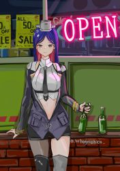 Rule 34 | 1girl, absurdres, asymmetrical legwear, black necktie, black skirt, black thighhighs, blue hair, bottle, breasts, brick wall, brown eyes, headgear, highres, holding, holding bottle, jacket, kantai collection, lithographica, long hair, long sleeves, multicolored hair, necktie, neon lights, one-hour drawing challenge, red hair, sale, single leg pantyhose, single thighhigh, skirt, smile, solo, south dakota (kancolle), star (symbol), thighhighs, twitter username, uneven legwear, white hair