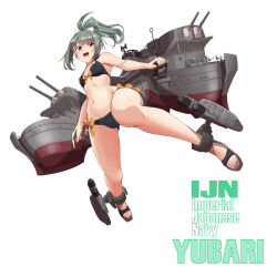Rule 34 | 1girl, bikini, black bikini, breasts, brown eyes, cannon, character name, commentary request, front-tie bikini top, front-tie top, grey hair, highres, kantai collection, long hair, machinery, moke ro, navel, official alternate costume, ponytail, sandals, side-tie bikini bottom, small breasts, solo, swimsuit, turret, white background, yuubari (kancolle), yuubari kai ni (kancolle)