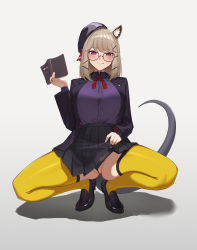 Rule 34 | 1girl, :q, absurdres, animal ear fluff, animal ears, anming, arknights, black-framed eyewear, black footwear, black hat, black jacket, black panties, black skirt, book, breasts, brown hair, closed mouth, female focus, full body, glasses, hat, highres, holding, holding book, jacket, large breasts, loafers, long hair, long sleeves, looking at viewer, miniskirt, neck ribbon, official alternate costume, open clothes, open jacket, panties, partially unbuttoned, pleated skirt, purple eyes, purple shirt, red ribbon, ribbon, shirt, shoes, skirt, smile, solo, squatting, tail, thighhighs, tongue, tongue out, underwear, upskirt, utage (arknights), utage (disguise) (arknights), yellow thighhighs