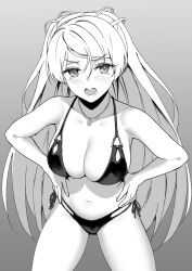 Rule 34 | 1girl, alternate costume, bikini, blush, breasts, cleavage, collarbone, commentary, conte di cavour (kancolle), greyscale, hair between eyes, hands on own hips, highres, jewelry, kantai collection, large breasts, leaning forward, long hair, looking at viewer, monochrome, navel, necklace, open mouth, shingyou (alexander-13), side-tie bikini bottom, solo, swimsuit, two side up