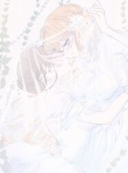 2girls blush bridal_veil brown_hair dress earrings female_focus freckles from_side hand_on_another&#039;s_back highres holding_veil imminent_kiss ishmael_(project_moon) jewelry leaf limbus_company multiple_girls orange_hair original profile project_moon ring riri_(kira0311) smile upper_body veil wedding wedding_dress white_dress wife_and_wife yuri