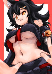 Rule 34 | 1girl, :3, animal ear fluff, animal ears, bell, black hair, black skirt, blurry, blush, breasts, cowboy shot, hair ornament, hairpin, highres, hololive, jingle bell, large breasts, looking at viewer, navel, necktie, ookami mio, ookami mio (1st costume), pov, red necktie, skirt, superfann3, underboob, virtual youtuber, wolf ears, wolf girl, yellow eyes