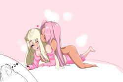 Rule 34 | absurdres, all fours, arm support, ass, bad id, bad pixiv id, bare shoulders, barefoot, biting, blonde hair, blush, grabbing another&#039;s breast, chloe von einzbern, clothed female nude female, clothes pull, completely nude, dark-skinned female, dark skin, dreaming, ear biting, closed eyes, fate/kaleid liner prisma illya, fate (series), girl on top, grabbing, heart, highres, hug, illyasviel von einzbern, long hair, lying, nude, off shoulder, on stomach, one eye closed, open mouth, pajamas, pajamas pull, pants, pants pull, pink hair, pink pajamas, pink pants, pink shirt, red eyes, shirt, sleeping, straddling, wince, yuri