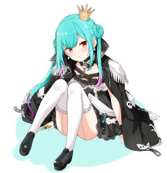 Rule 34 | 1girl, absurdres, aqua hair, black dress, black footwear, black jacket, chain, colored shadow, commentary request, crown, double bun, dress, epaulettes, felutiahime, frilled dress, frilled thighhighs, frills, full body, garter straps, gradient hair, hair bun, highres, hololive, jacket, jacket on shoulders, knees up, long hair, looking at viewer, mini crown, multicolored hair, pink hair, shadow, shoes, sitting, solo, thighhighs, tilted headwear, uruha rushia, uruha rushia (3rd costume), very long hair, virtual youtuber, white background, white thighhighs