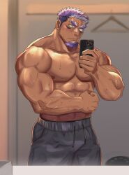 Rule 34 | 1boy, abs, bara, black male underwear, blush, cross scar, dark-skinned male, dark skin, facial hair, facial mark, feet out of frame, flexing, goatee, green eyes, highres, holding, holding phone, large pectorals, live a hero, long sideburns, male focus, male underwear, male underwear peek, mature male, muscular, muscular male, nipples, pants, pectorals, phone, purple hair, scar, scar on arm, shaft (live a hero), short hair, sideburns, solo, sweat, thick eyebrows, track pants, triceps, underwear, very sweaty, yakisoba ohmori