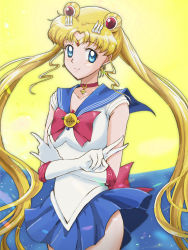 Rule 34 | 1girl, bishoujo senshi sailor moon, bishoujo senshi sailor moon crystal, blonde hair, blue eyes, blue sailor collar, blue skirt, bow, bowtie, breasts, choker, circlet, closed mouth, collarbone, collared shirt, cowboy shot, crossed arms, double bun, earrings, floating hair, hair bun, hair intakes, highres, jewelry, kinfuji, long hair, looking at viewer, miniskirt, pleated skirt, red bow, red bowtie, red choker, sailor collar, sailor moon, sailor senshi uniform, sailor shirt, shirt, skirt, sleeveless, sleeveless shirt, small breasts, smile, solo, standing, star (symbol), star earrings, very long hair, white shirt, yellow background