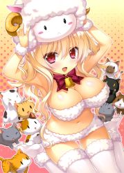Rule 34 | 1girl, :d, absurdres, alicetia wallenberg kezouji, animal, animal costume, armpits, ashishun, bandeau, bare arms, bare shoulders, bell, blonde hair, blush, blush stickers, bow, bowtie, breasts, cat, cleavage, fingernails, fur, fur-trimmed legwear, fur trim, hair between eyes, hand on headwear, hands up, highres, horns, huge filesize, large breasts, long hair, looking at viewer, midriff, navel, open mouth, pink eyes, primal hearts 2, purple eyes, red bow, red bowtie, scan, sheep costume, sheep horns, sitting, smile, solo, spread legs, stomach, thigh gap, wariza, wrist cuffs